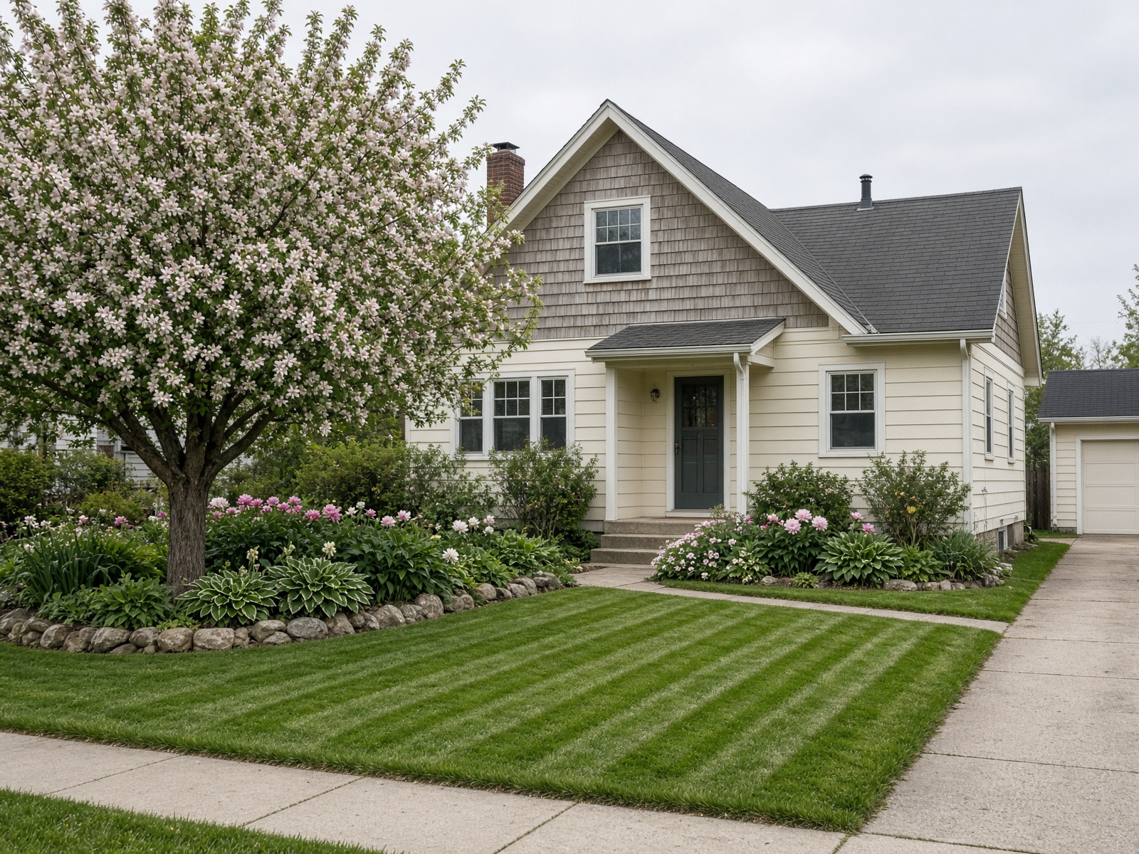 Cape Cod bungalow with a compact diagonal-striped lawn and flowering crabapple