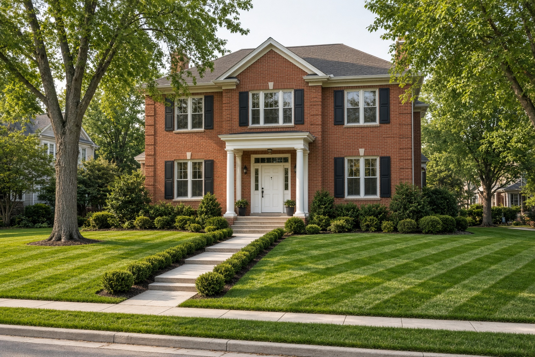 Brick colonial with a wide checkerboard-striped front lawn