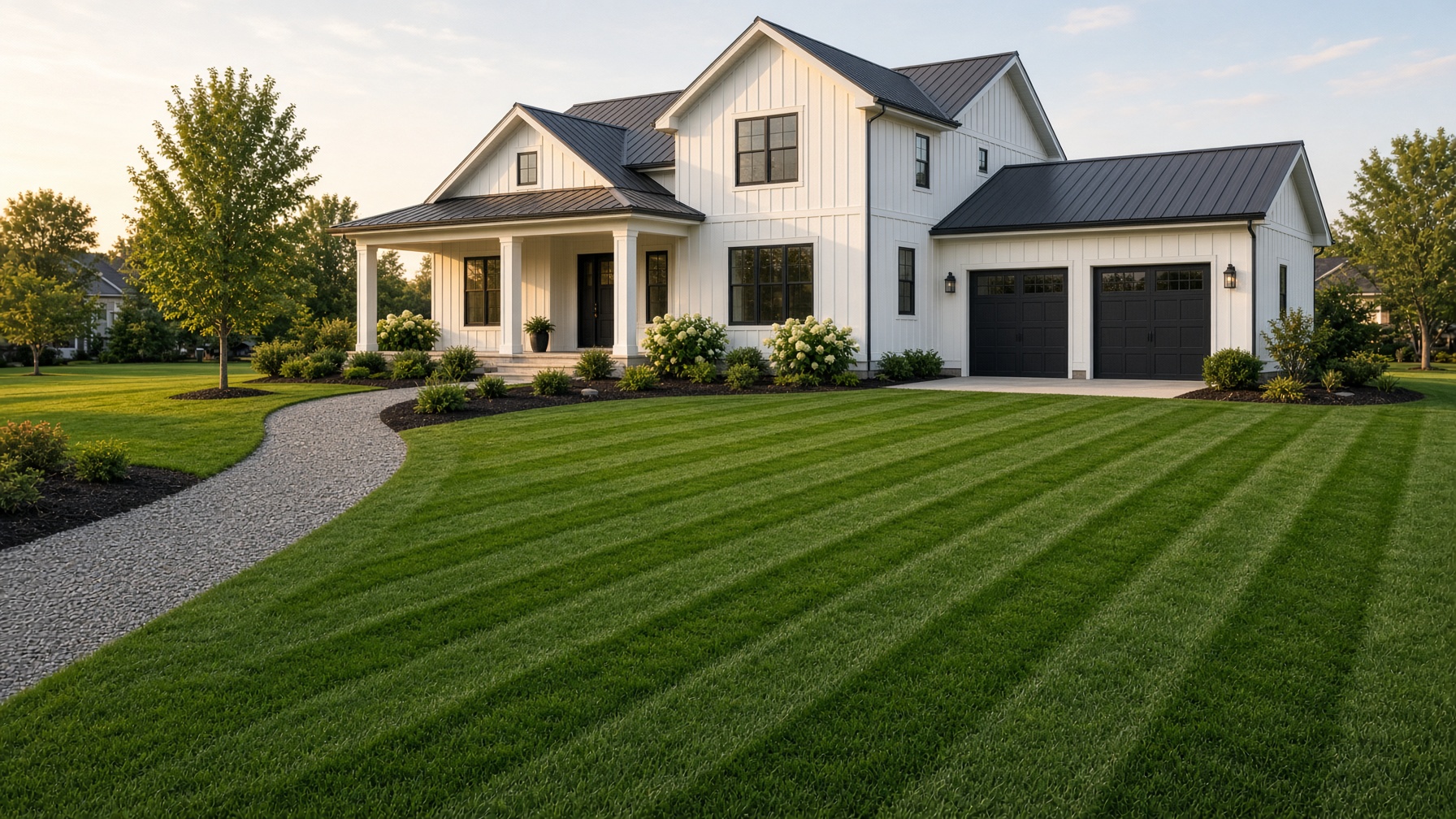 White modern farmhouse with long mower stripes running toward the porch