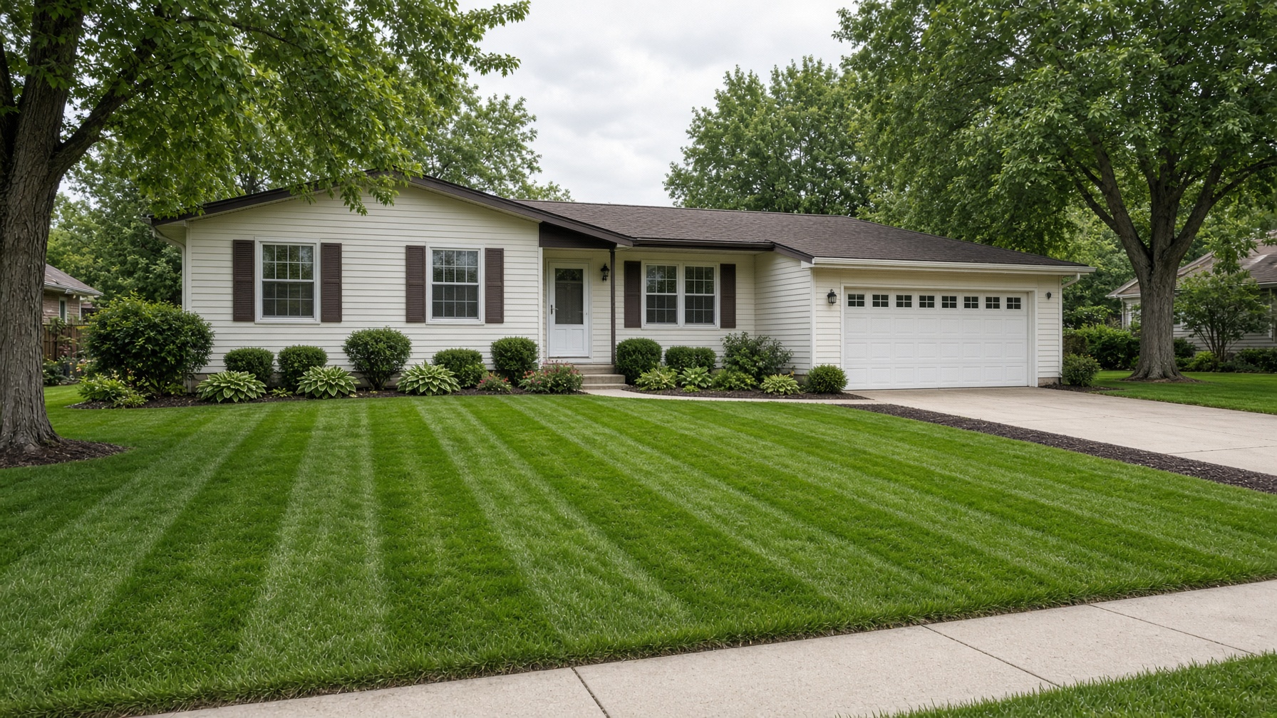 Cream ranch home in Green Bay with a professionally striped front lawn