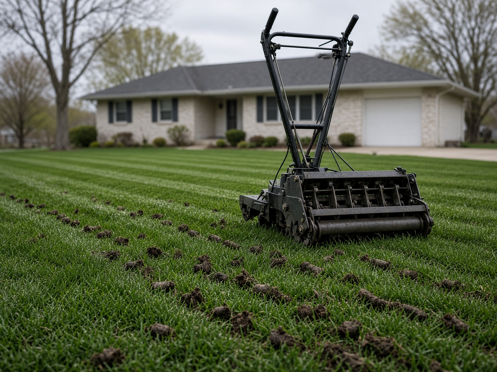 Walk-behind core aerator punching plugs into a residential lawn