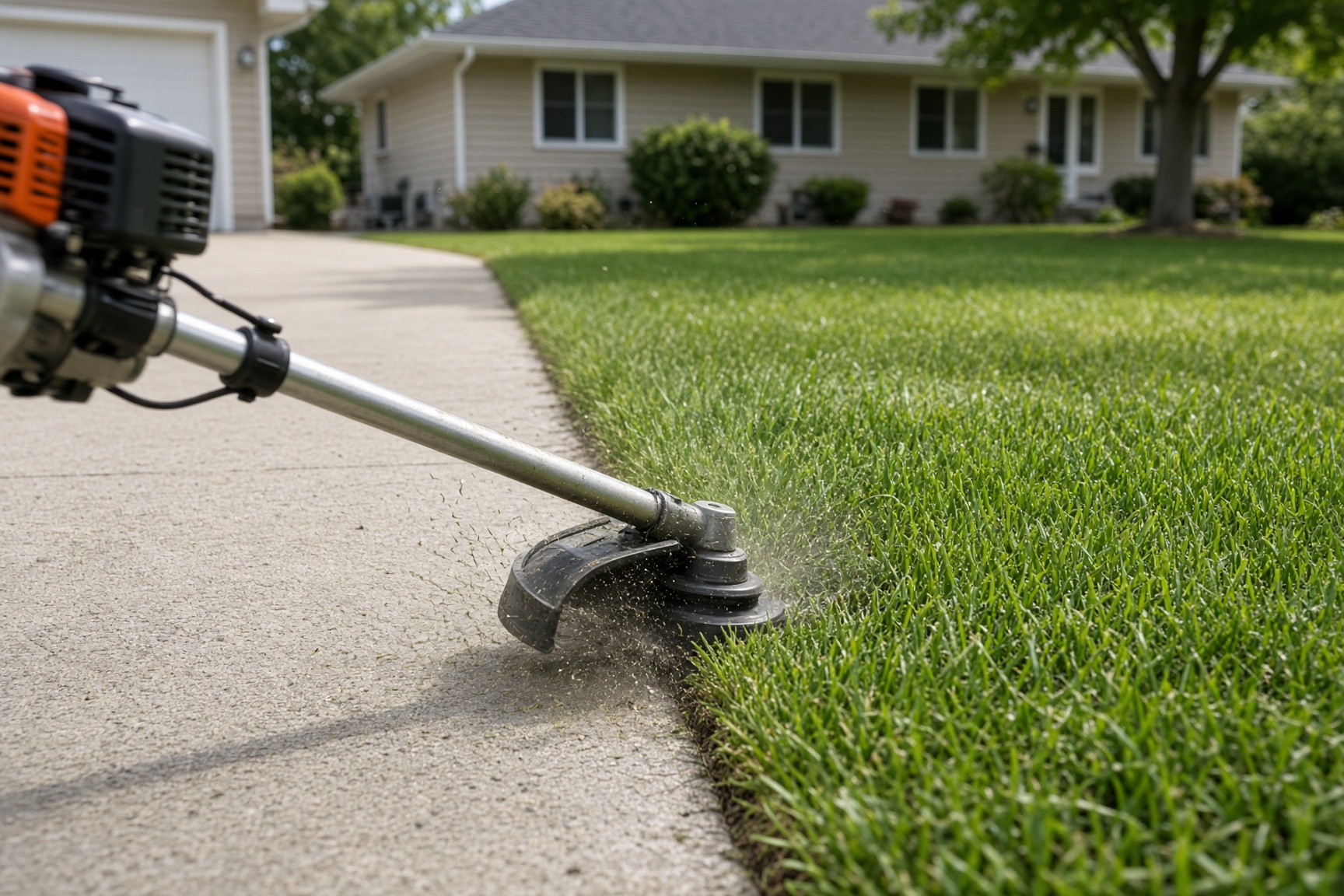 Stick edger cutting a sharp line along a concrete driveway