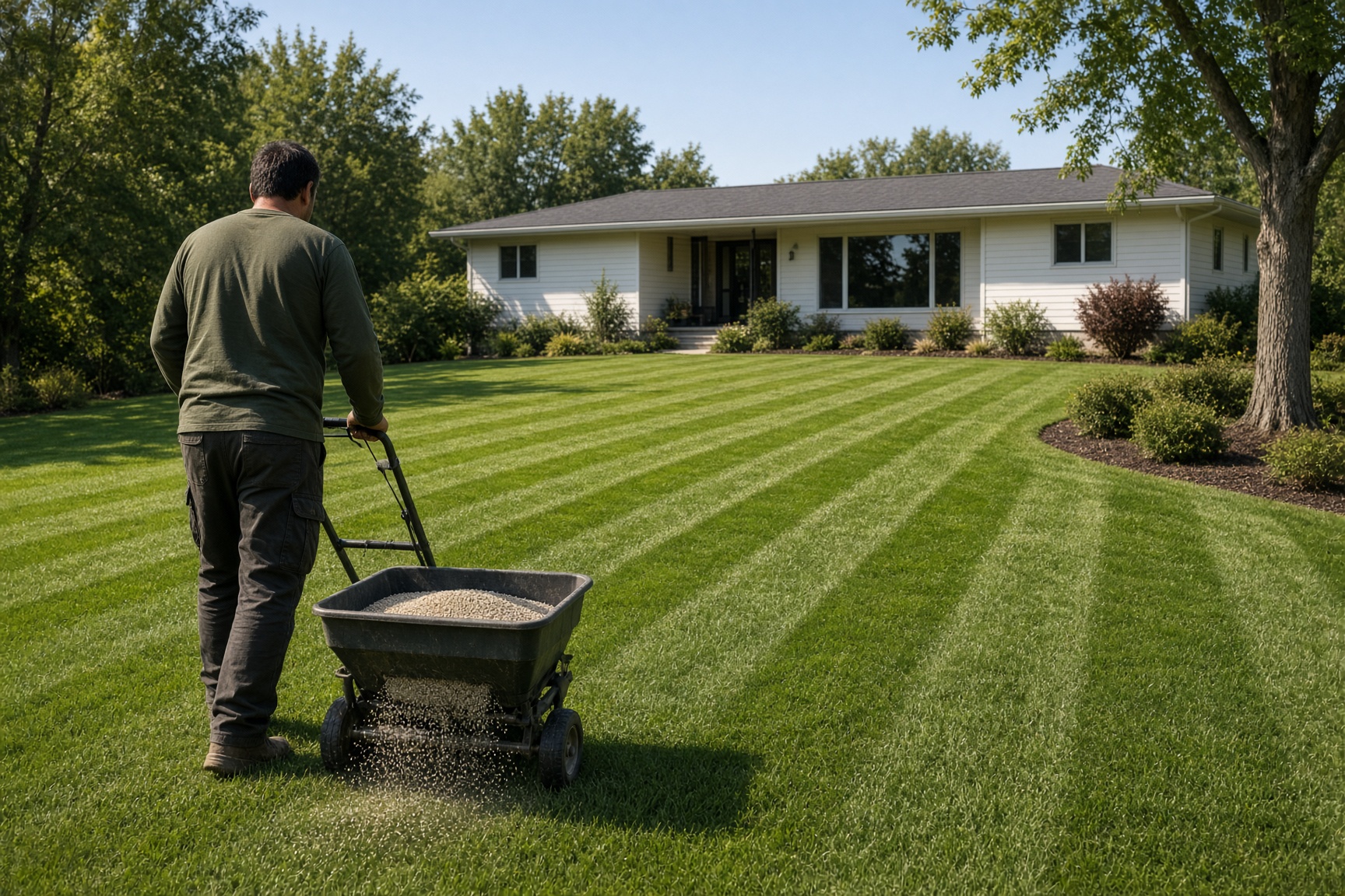 Technician broadcasting fertilizer across a striped suburban lawn