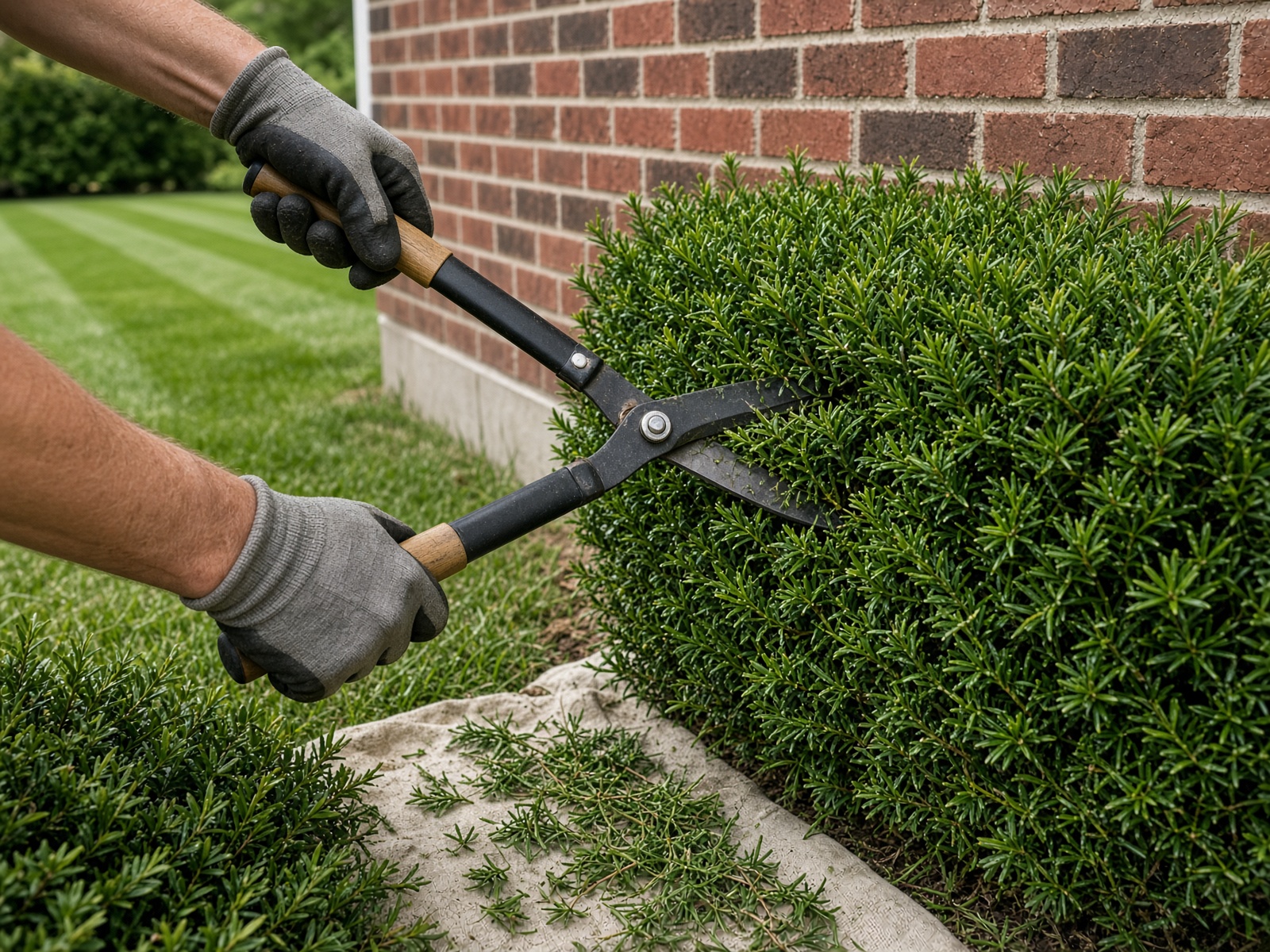 Gloved hands trimming a foundation yew shrub beside a ranch house